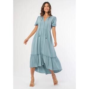 Lovestitch Dress Button Front Midi Blue Boho Linen Blend Puff Sleeves Sz Large